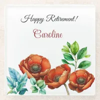 Sublime Watercolor Red Poppies Happy Retirement Glass Coaster