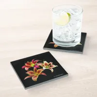 Elegant Trio of Yellow Pink Daylilies Floral Glass Coaster