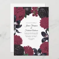 Black & Burgundy Photo/QR Code Floral Wedding Invitation