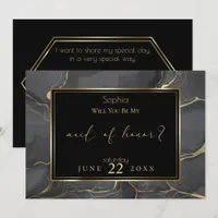 Elegant Black and Gold Marble  Maid of Honor Invitation