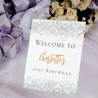 Birthday white silver glitter gold welcome pedestal sign