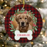 Red & Black Plaid Dog Photo Christmas Wreath Ceramic Ornament