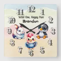 Wild One Happy Fun Woodland Animals Watercolor Square Wall Clock