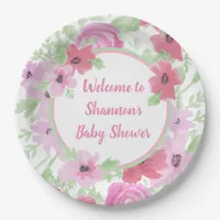 Pretty Pink Watercolor Floral Baby Shower Paper Plates
