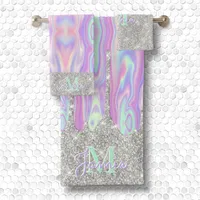 Monogram Metallic Silver Glitter Drip & Iridescent Bath Towel Set