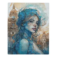 A Woman in the City Blues and Browns Jigsaw Puzzle