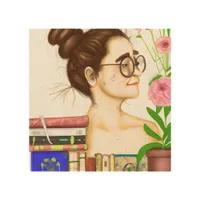 Lady in Glasses, Books and Flowers Wood Wall Art