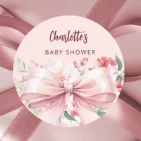 Bow pink florals roses Baby Shower Classic Round Sticker