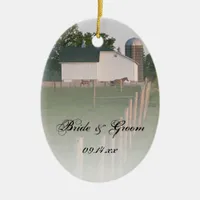 White Country Barn Wedding Ceramic Ornament