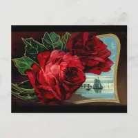 Vintage Roses and Sail Boat Postcard