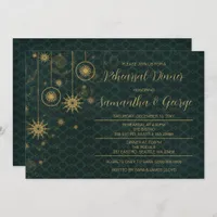 Gold Green Snowflakes Winter Rehearsal Dinner Invitation