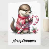 Adorable Christmas Otter With Candy Cane Card