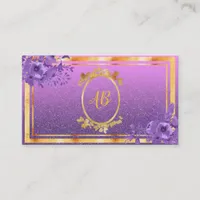 Purple florals gold glitter monogrammed business card