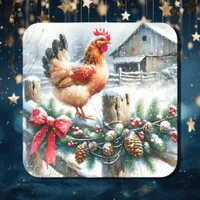 Watercolor Rooster on a Fence Post Christmas Square Sticker