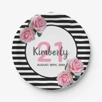 21st birthday black stripes pink florals classic paper plates