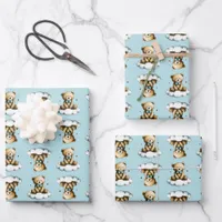 Cute Teddy Bear Blue Bow Tie Blue Background Wrapping Paper Sheets