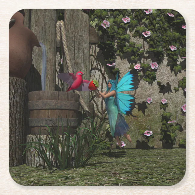 Cute Fairy Feeding a Bird Square Paper Coaster