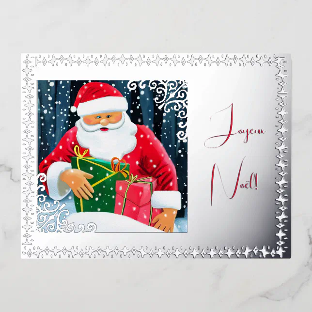 Père Noël sous la neige avec décorations argentées Foil Holiday Postcard