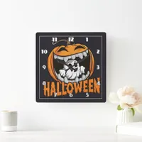 Ghost emerging from a giant Halloween pumpkin Square Wall Clock