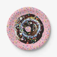 Pink Chocolate Donut with Sprinkles  Paper Plate