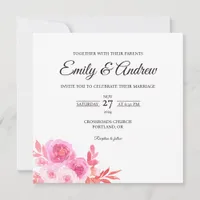 Pink Rose Bloom Floral Watercolor Square Wedding Invitation