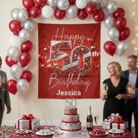 Glam Ruby Red and Silver Sparkle 50th Birthday Tapestry