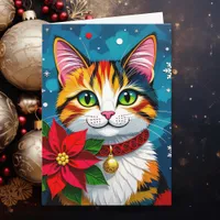 Cat and Poinsettia Personalized Christmas Holiday Card