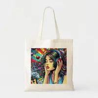 Girl Listening to Music on Headphones Psychedelic Tote Bag