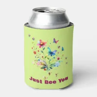 Simple Floral Watercolor Monogram Bee on green  Can Cooler