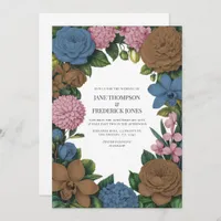 Mocha Brown, Dusty Blue & Soft Pink Floral Wedding Invitation