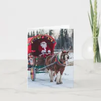 Santa and the Pinto Draft Horse Colorful Wagon Card