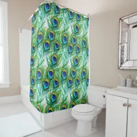 Watercolor Blue and Green Peacock Feathers Collage Shower Curtain