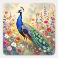 Lovely Peacock in Field of Flowers Square Sticker