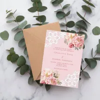 Pink rose gold florals white lace wedding invitation