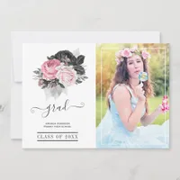 Pink and Black Floral Graduation Photo Announcement