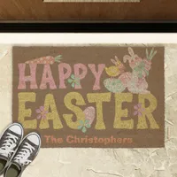 Happy Easter Bunny Chick Family Name Cute Welcome  Fiber Doormat