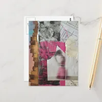 mixed media woman in pink abstract collage postcard