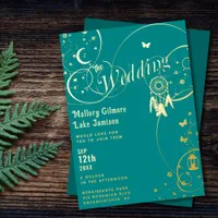 Whimsical Teal Blue Boho Dreamcatcher Wedding Foil Invitation