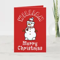 Christmas Snowman With Name | Boys Red Activity Holiday Card