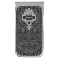 Goth Gray Ornament with Skull Personalized Silver Finish Money Clip