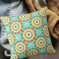 Mint Yellow Orange Mosaic Geometric Pattern Throw Pillow