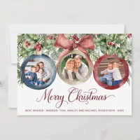 Elegant Script Family 3 Photos Watercolor Christma Holiday Card