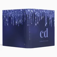 Navy blue glitter drips monogram name 3 ring binder