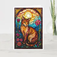 Stained Glass Style Orange Kitty with Pink Flowers Card