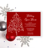 White Christmas Tree on Red Holiday Open House Invitation