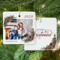 Rustic Family Photo Merry Christmas Ceramic Ornament