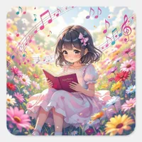 Cute Anime Girl Reading a Book Square Sticker