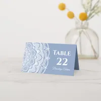 Elegant dusty blue white lace mandala classic place card