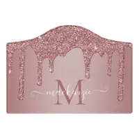 Girly Rose Gold Glitter Drips Monogram Door Sign