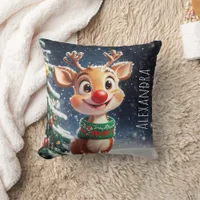 Cute reindeer with Christmas Tree Winter Snowfall Throw Pillow